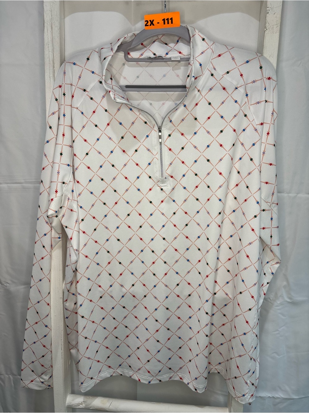 Lady Hagen White Long-Sleeve Quarter-Zip Pullover with Red and Blue Dot Grid